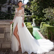 Свадебные платья с длинными рукавами, а-силуэт, глубокий v-образный вырез, высокий разрез, кружевные аппликации, Vestido De Noiva, свадебное платье