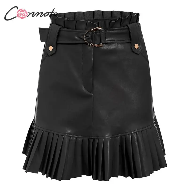 Conmoto мини-юбки из искусственной кожи, Женская Весенняя однотонная мини-облегающая юбка, высокая мода, плиссированные сексуальные Клубные юбки с поясом