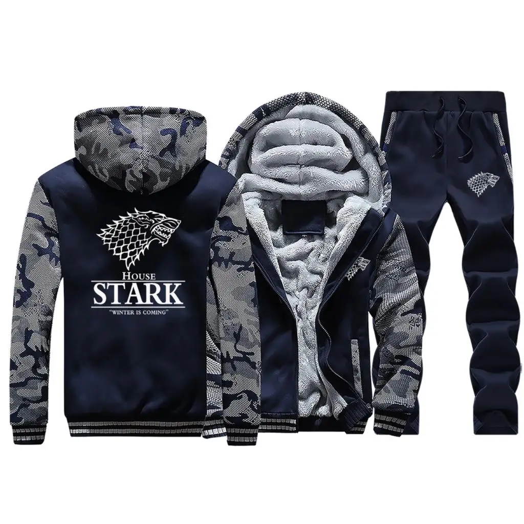 Dark Blue 5 Наступает зима, толстовка с капюшоном, мужская куртка с принтом волка+ штаны, комплекты из 2 предметов, мужские толстовки с капюшоном, брюки, теплый костюм, повседневный спортивный костюм, комплект - Color: Dark Blue 5