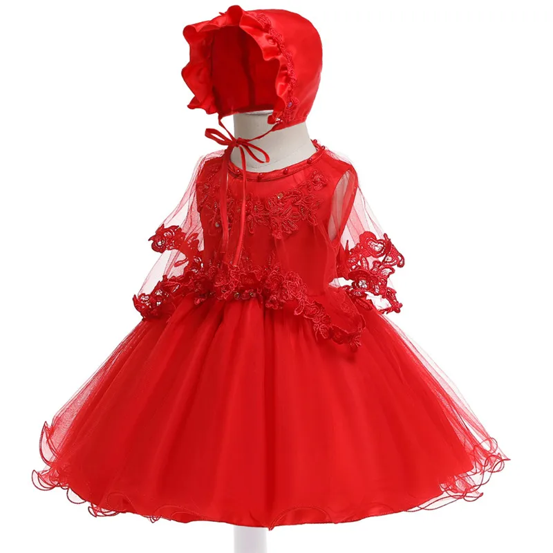 Свадебное платье с цветочным узором и бисером для девочек; накидка-пачка для маленьких девочек; Вечерние платья на крестины для детей 1 года; платье на день рождения для маленьких девочек - Цвет: Красный