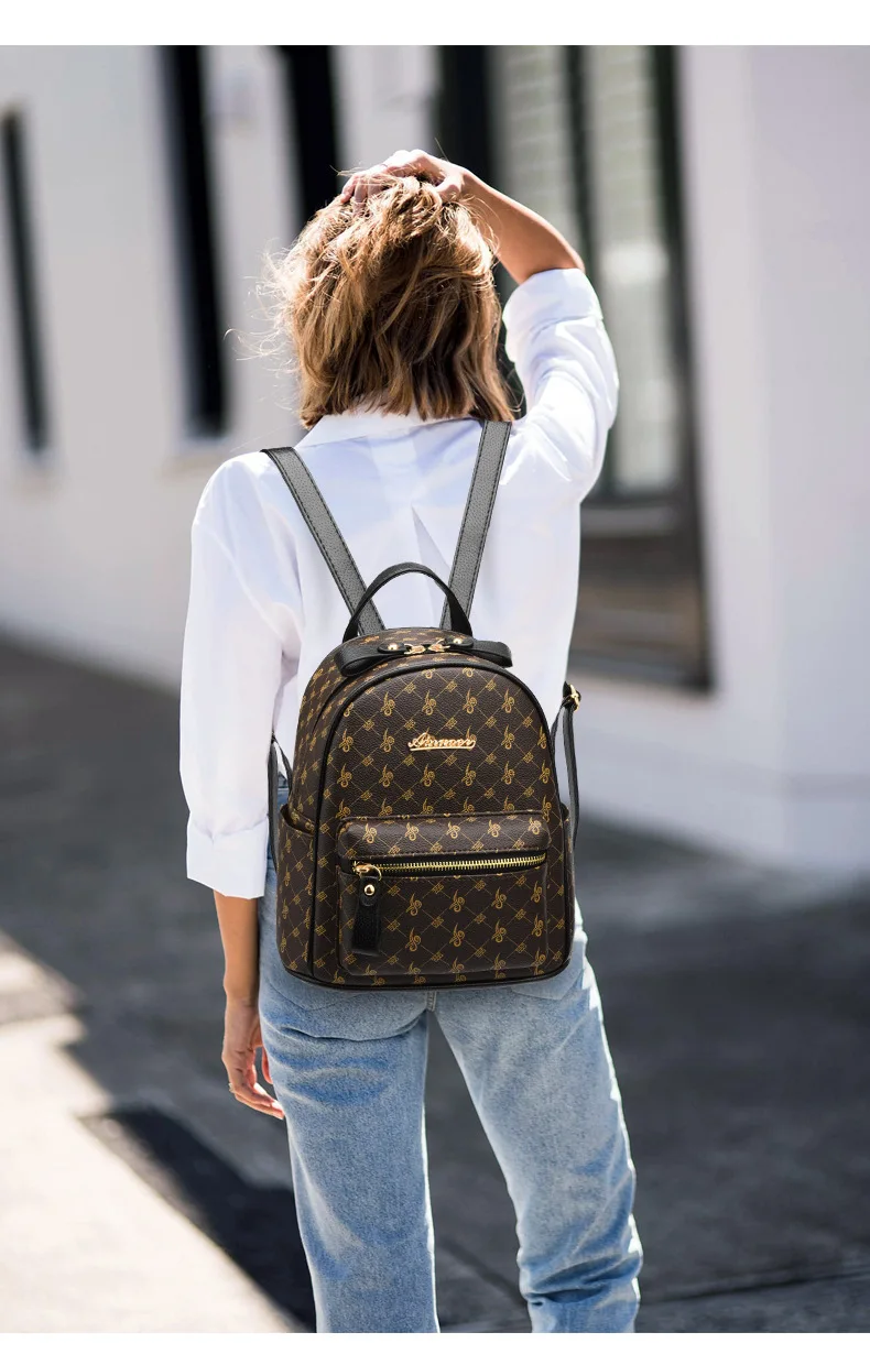 Классический мини женский рюкзак коричневого/бежевого цвета из искусственной кожи Mochila винтажный с принтом Femme Back Pack высокое качество
