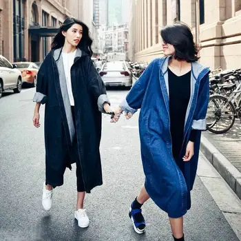 

New Women Casual Denim Trench Coat Hooded Spring Outwear Loose Long