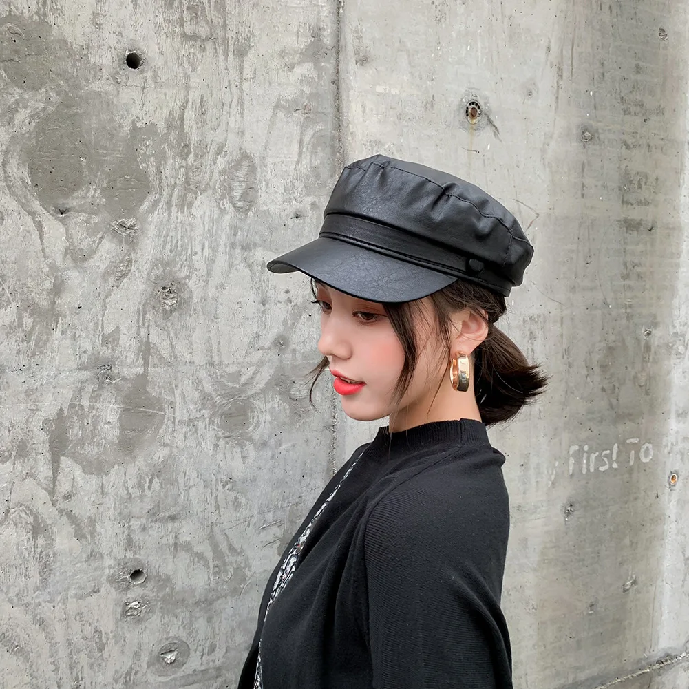 Женская зимняя шапка из искусственной кожи, с пряжкой, в морском стиле, в стиле ретро, из мягкой кожи, с плоской подошвой, восьмиугольная кепка, берет
