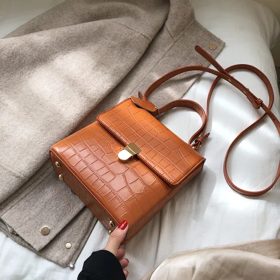 Brown Однотонные Сумки из искусственной кожи с каменным узором для женщин женские сумки через плечо сумки - Цвет: Brown