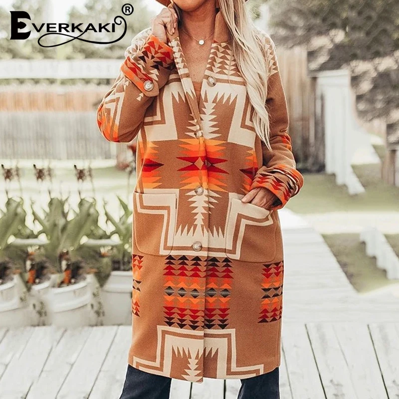 

Everkaki Ethnic Boho Print Jackets Long Coat Women Autumn Pockets Ladies Gypsy Coats Outerwear Female 2020 Winter New Fashion