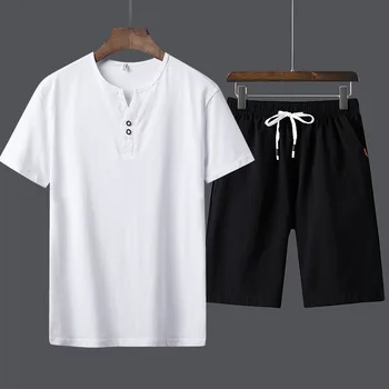 

Sweatsuit Men Elastic Waist O-Neck Pockets Sweatsuit Zipper 2020 Men Clothes New Fashion Streetwear Summer Shorts Solid Casual