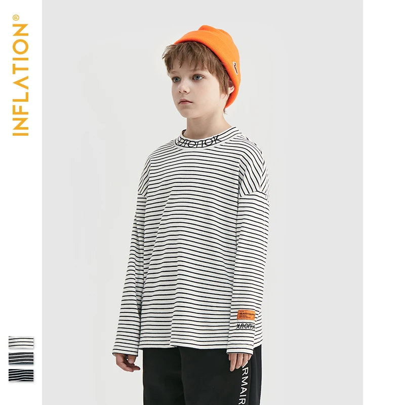 

INFLATION 2019 Autumn Thin Loose Stripe Boy T-shirt Cotton Long Sleeve Stripe Embroidery T-shirt For Boys Girl Top Tees 19269A