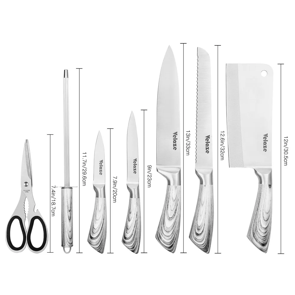  Velaze Knife Sets 8 Piece Stainless Steel Kitchen Set with Sharpener and Spinning Block Santoku Che - 32973356381