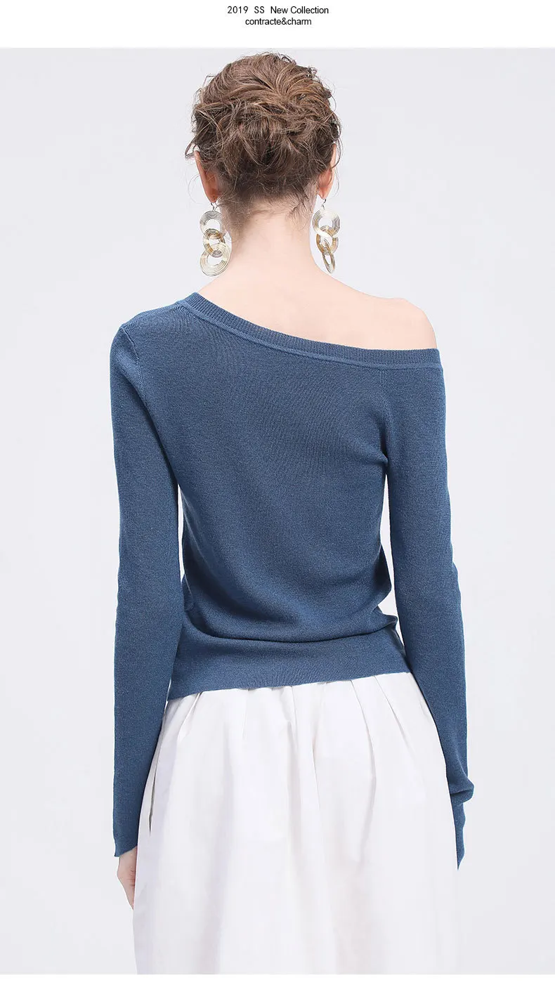 LZJN 2019 Women Sweater Long Sleeve Shirt Women Casual Office Top Sexy V-Neck Off Shoulder Pullover Sweater Loose Knit Jumper  (16)