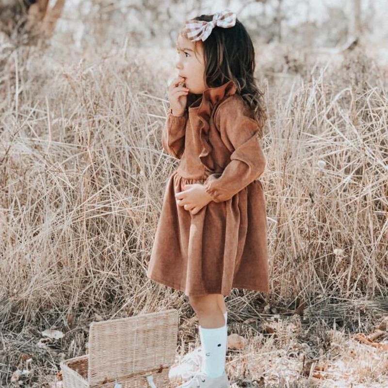 Осенне-зимнее платье для маленьких девочек Хлопковое платье принцессы с оборками и длинными рукавами детское вельветовое Плиссированное модное платье для малышей