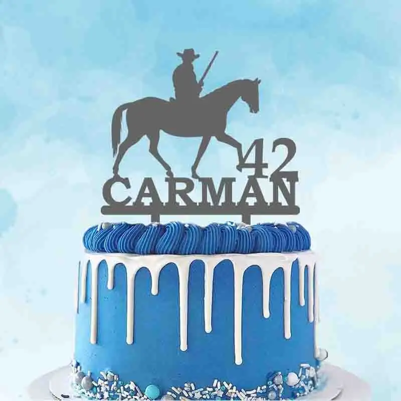 Personalized Hunter Cake Topper Custom Name Age Man Hold Gun Riding Horse Hunt For Birthday Decoration | Дом и сад
