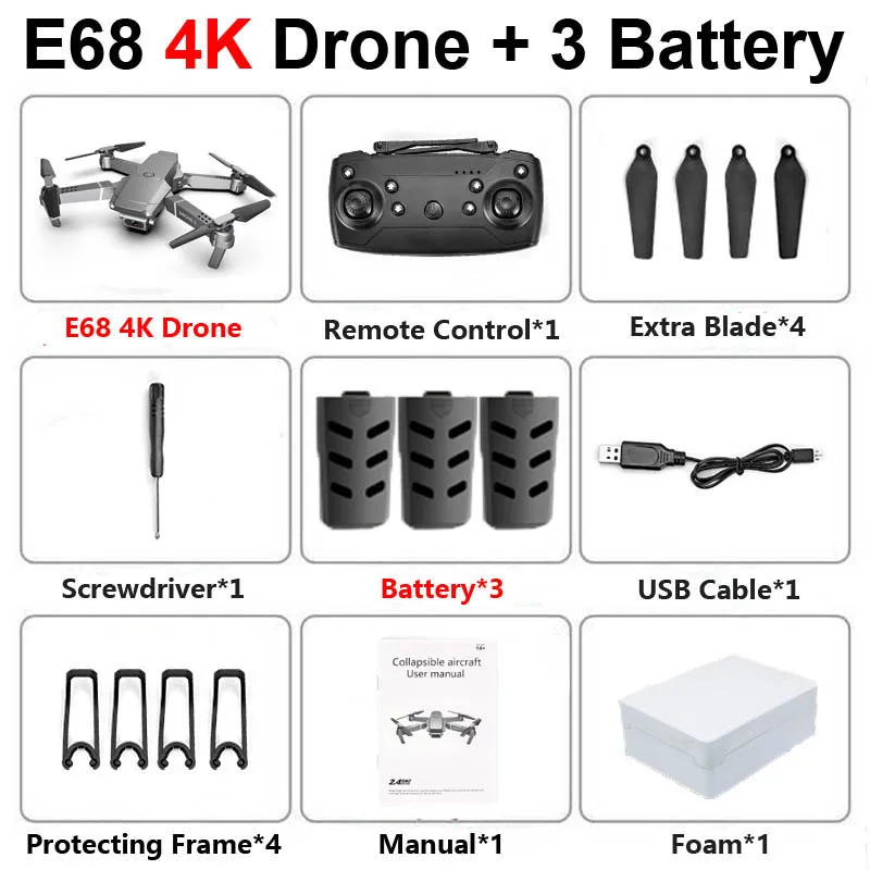 E68 4K 3b Foam E68 складной Профессиональный Дрон с камерой 4K HD селфи WiFi FPV широкоугольный оптический поток RC Квадрокоптер вертолет детская игрушка E520S - Цвет: E68 4K 3b Foam