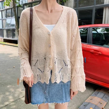 

Fashion Women Ruffles Sweaters Long Sleeve Thin Cardigans V-Neck Solid Sweaters Female Knitted Casual Tops