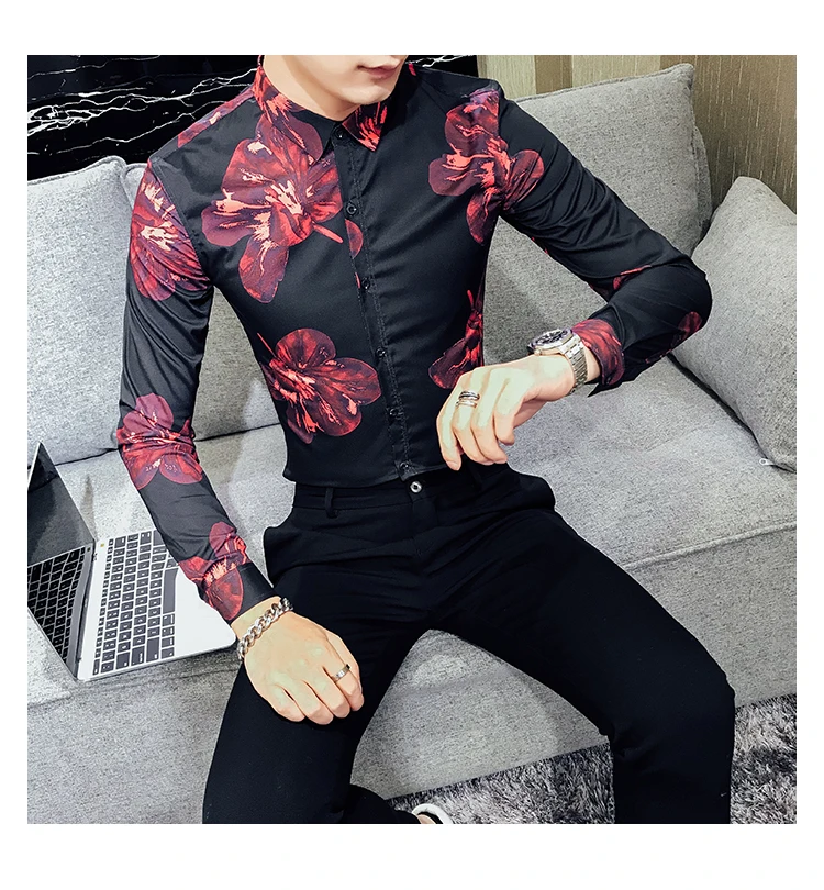 Camisa, мужская рубашка с длинным рукавом и цветочным принтом, городская одежда для мужчин, Клубные, вечерние, свадебные рубашки для мужчин