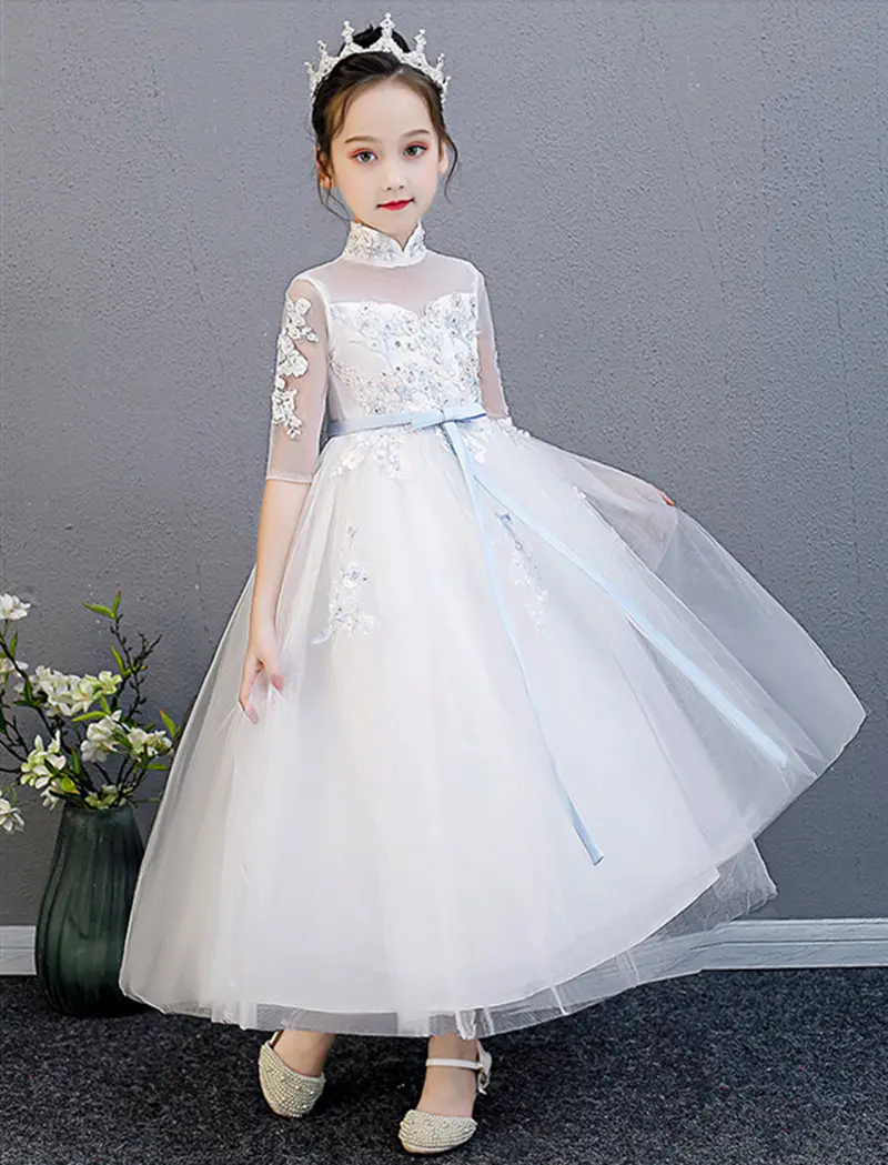 

Lace Embroidered Applique Small High Collar Half Sleeve Wedding Princess Dress Tutu Girl Party Dress Evening Dress Girl for Girl
