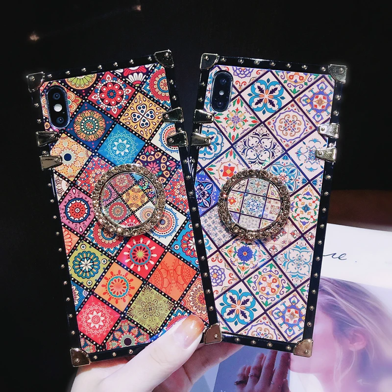 Luxury Square Blu-ray Bohemian Ethnic Style Frame Case for iPhone 7 8 Plus 6 s 11 pro xr xs Max X Soft Silicon for Samsung Cover (13)