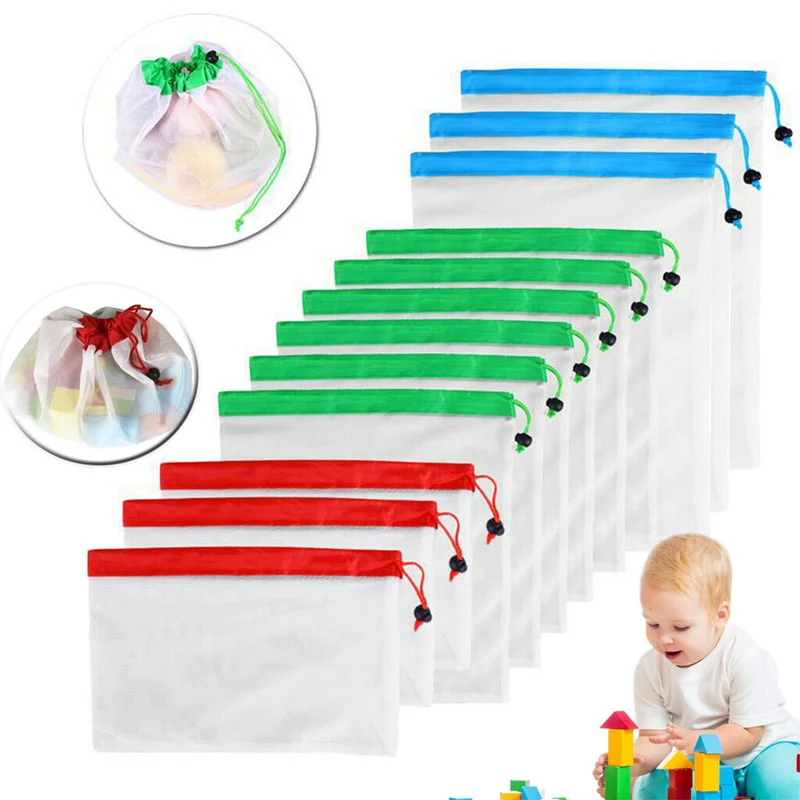 12pcs Reusable Mesh Produce Bags Lightweight Pouch for Vegetable Fruit Toys Storage LAD-sale
