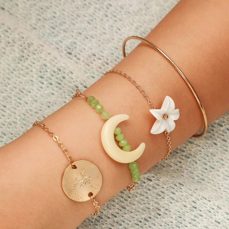 

Tocona Hawaiian Beach Multi-layer Bracelets Crescent Flower Pendant Bracelet Set for Women Adjustable Chain Charm Jewelry 8536