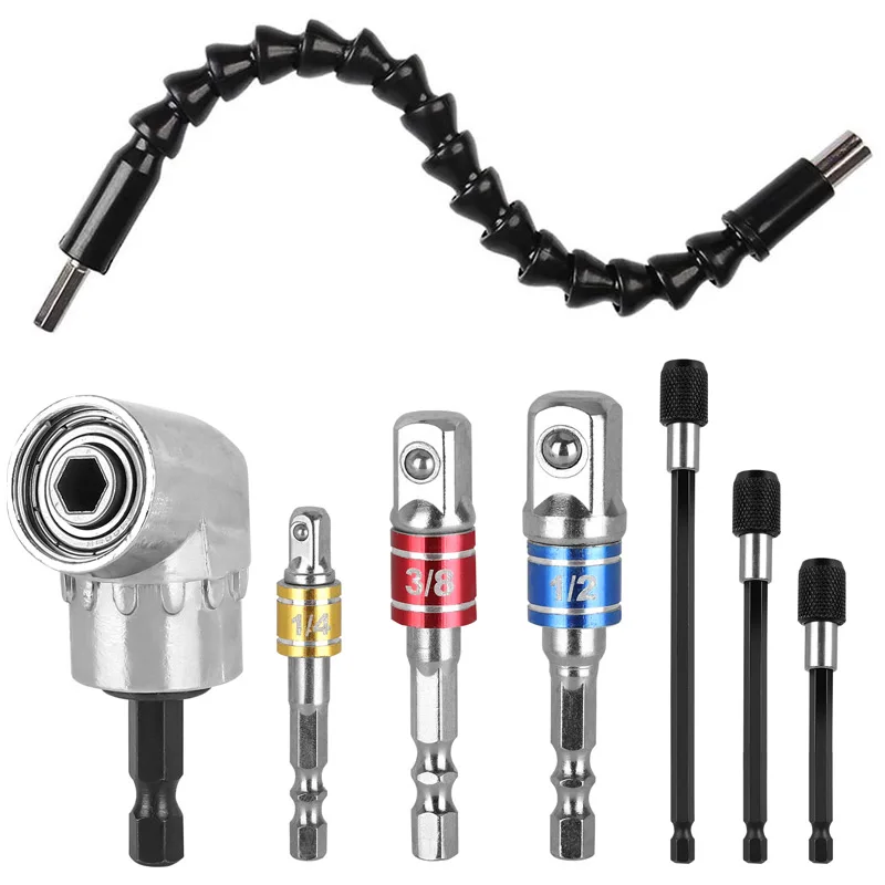 Accesorio de taladro de ángulo recto de 105 grados, Kit de extensión de broca Flexible para taladro o destornillador, adaptador de enchufe de 1/4 pulgadas