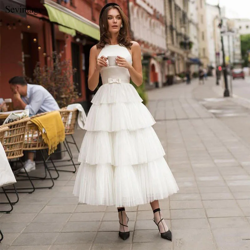

Sevintage Elegant Ankle- Length Short Wedding Dresses Boho White Ivory Tulle Satin Beach Princess Tiered Bridal Gowns Customize