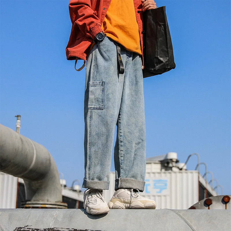 Wholesale 2020 summer spring loose Wide leg tooling jeans men Korean streetwear loose pants hombre Hong Kong straight long pants Wholesale 2020 summer spring loose Wide leg tooling jeans men Korean streetwear loose pants hombre Hong Kong straight long pants