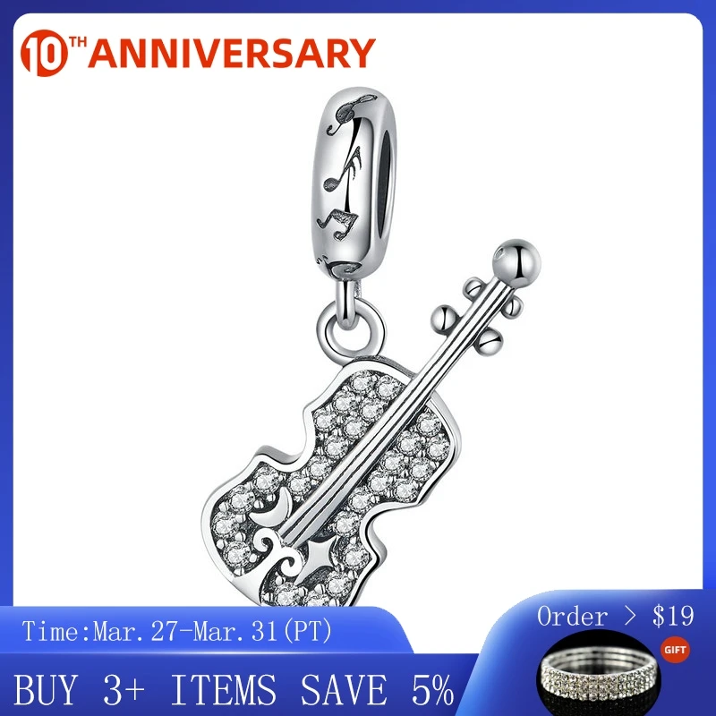 

CodeMonkey 100% 925 Sterling Silver Violin Shape Clear CZ Charms Beads fit Original Bracelet Bangle Jewelry Making C1078