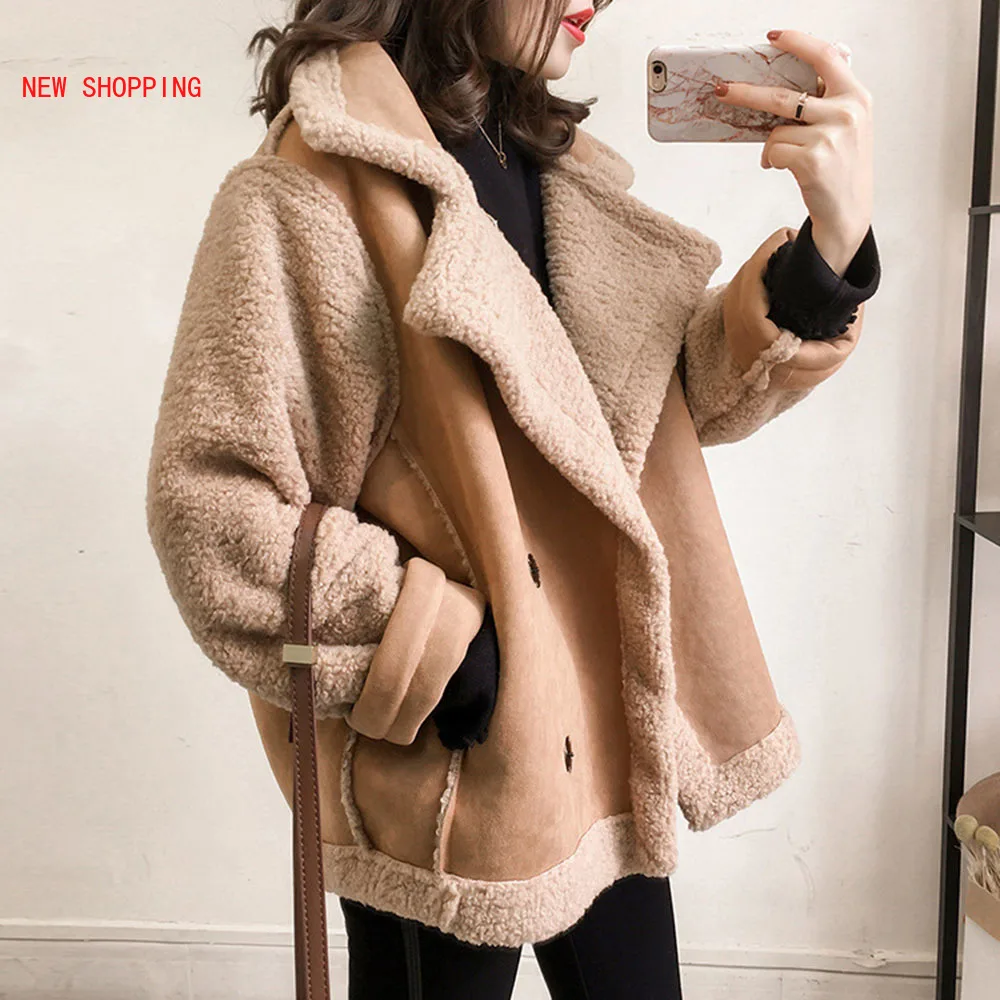 Winter New Lapel Lamb Wool Coat Female Loose Oversized Fur Motorcycle Jacket Tide Thicken Warm Fashion Women Jackets Coats Khaki