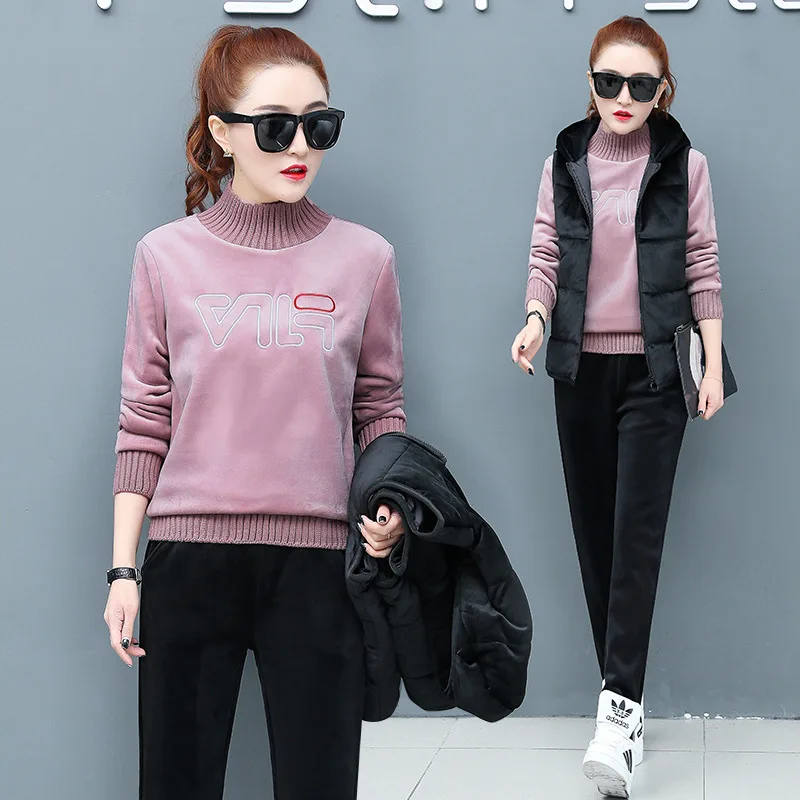 

Sweater Collar Gold Velvet Sports Set Autumn And Winter New Style WOMEN'S Dress Korean-style in High Collar Brushed And Thick Ho