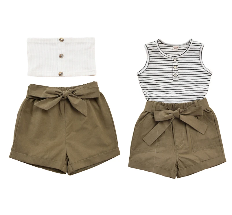 

Baby Summer Clothing Infant Baby Girls Cotton Single Breasted Ribbed Sleeveless Striped Vest + Sashes Solid Shorts 2pcs Clothes