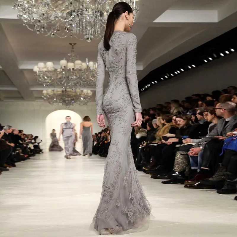 Vestido De Fiesta Подиум Мода серый элегантный кружева длинный рукав в арабском стиле Стиль особых случаев Мать невесты платья