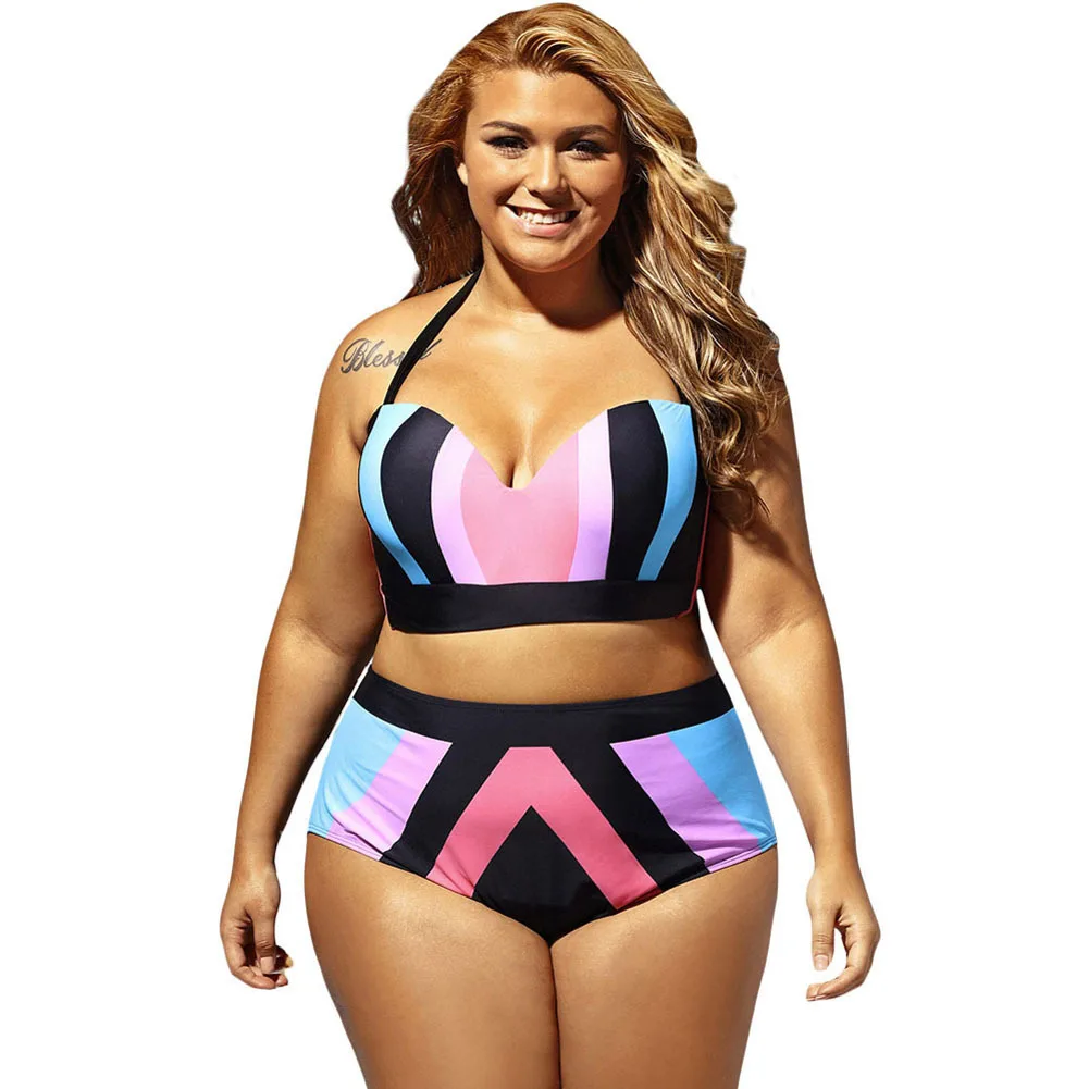 

Plus Size Push Up Women Swimsuit Bikini Set Large Size Rainbow Color High Waist Lady Swimming Suit Bath Shower Wear Bikini 2019