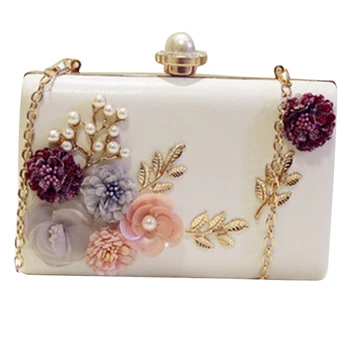 

Fashion Women Leather Evening Bag Dinner Party Lady Wedding Flower Clutch Purse(White)