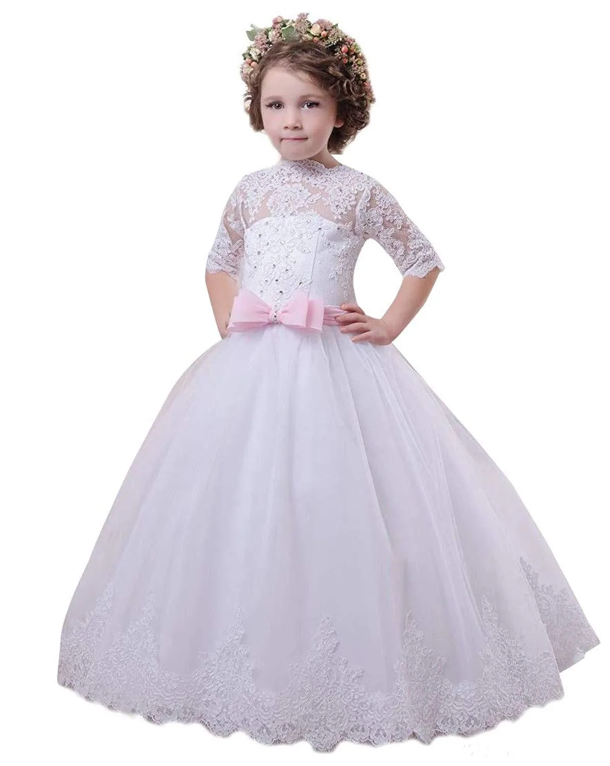 

Little Princess A-Line White Flower Girl Dresses Lace Applique Birthday Party Gown First Communion Dress