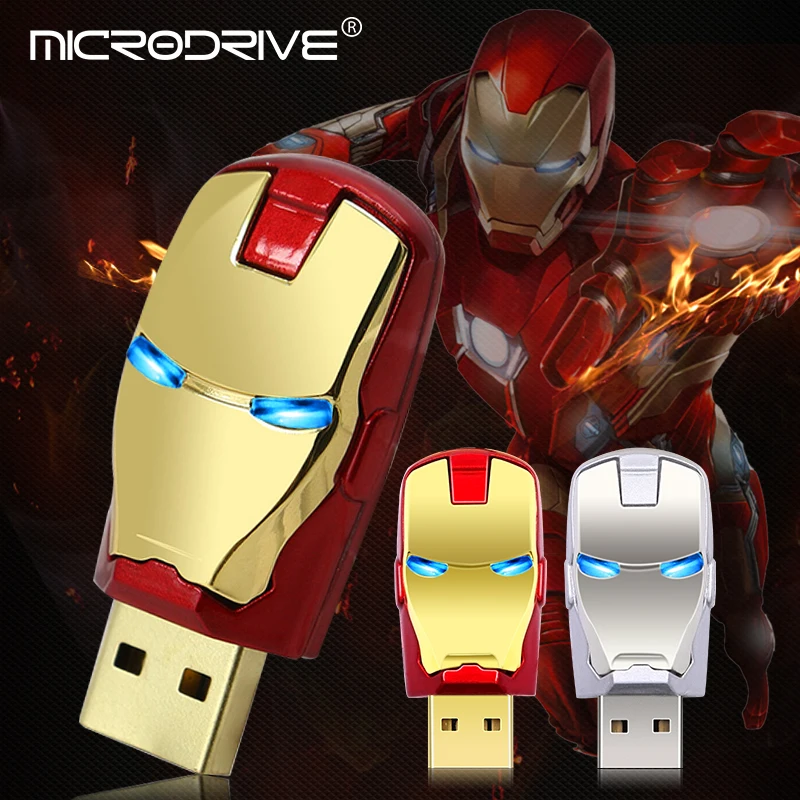 С металлической эмблемой Железного человека USB флэш-накопитель 64 ГБ 32 ГБ 16 ГБ 8 ГБ 128 ГБ ironman head светодиодный светящийся usb-накопитель USB2. 0 pendrive