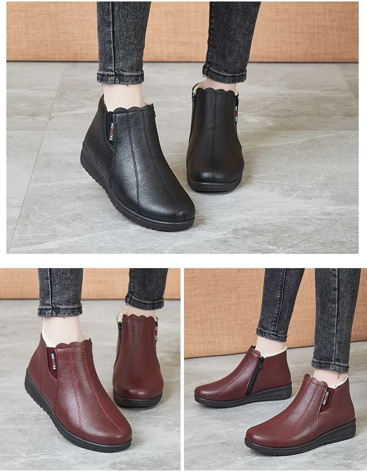 2025 Top Quality Mom Leather Ankle Boots Women Non-slip Winter Fur Snow Boots Female Wedge Oxford Sneakers Womens Winter Shoes