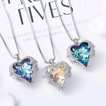 

Ocean Heart Necklace Women Angel Wings Love Shape Crystal Pendant Necklaces 2020 New Female Clavicle Chain Long Gothic Jewelry