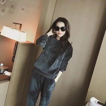 

2 pieces Set Tracksuits Women 2020 Autumn Winter Pocket Warm O-neck Loose Sweater+Ankle-Length Pants Warm Black Two Suits