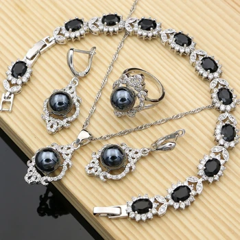 

Light Black Pearl Costume Jewelry Sets 925 Silver Jewelry Kits Wedding Bridal Stones Bracelet Necklace Set Ladies Gift