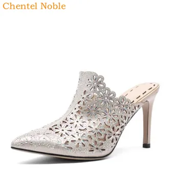 

Brand Chentel Noble Leather Bling Crystal High Heels Slippers Women Slip-On Shoes Ladies Mules Shoes Women Summer 35-40 Size