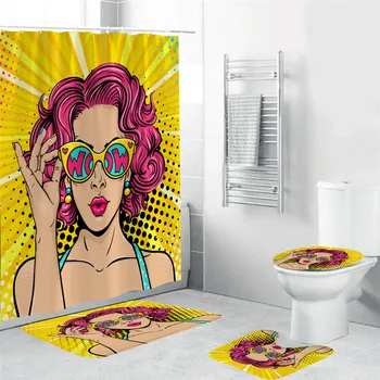 

African American Shower Curtain Pretty Black Woman with Headwrap Turban Bathroom Curtains Set Glossy Lip Girl Bath Mat Rug