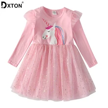 DXTON/платья с длинными рукавами для девочек; детское платье с единорогом для девочек; коллекция года; Рождественская Детская одежда; хлопковое платье принцессы для малышей; От 3 до 8 лет