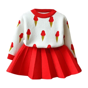 

Kids Baby Girls Ice Cream Sweater Thick Warm Knit Crochet Pullover Sweater Tops Solid Frilly Pleated Skirt Set New Girl Clothes