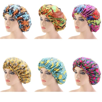 

New Extra Large Size African Pattern Satin Bonnet Big Wave Brim Ankara Dashiki Night Sleep Cap Women Flower Turban