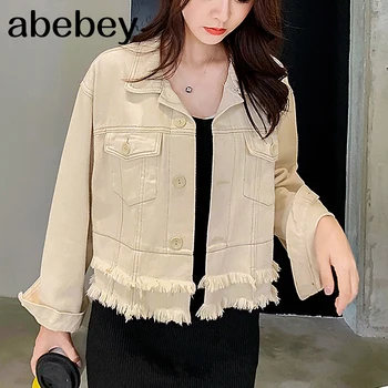 

Autumn Streetwear Women Denim Jacket Coat Casual Outwear Fashion New Short Ripped Jeans Jacket Coats tassel