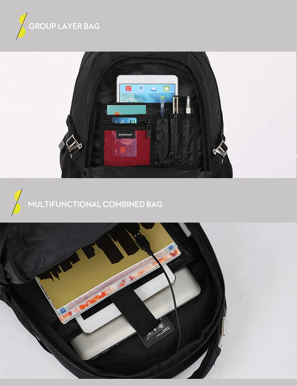 2019 новый швейцарский бренд suissewin черный 1680D нейлон USB зарядки бизнес рюкзак водонепроницаемая сумка для ноутбука для мужчин и женщин