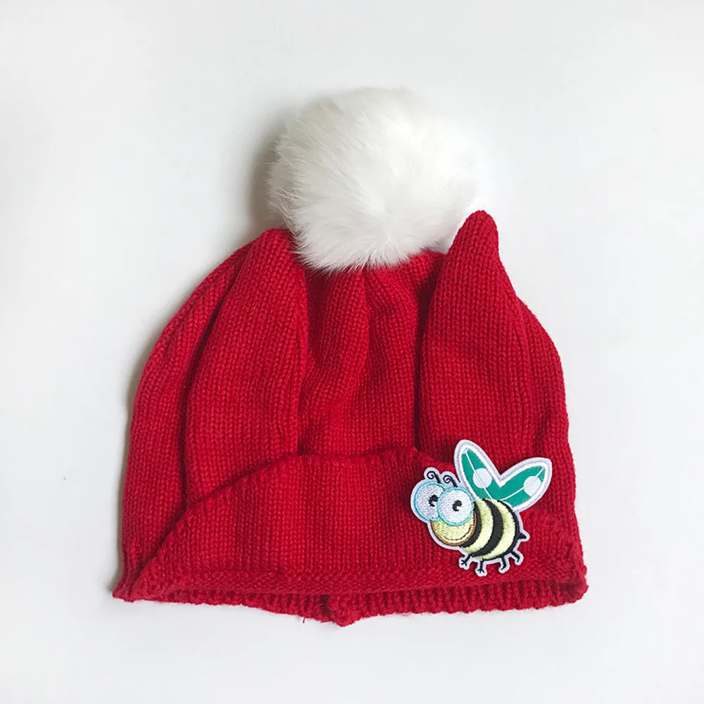 Новинка года, детская зимняя шапка, шапка с Пчелой, меховым помпоном, детская вязаная шапка, шапка для новорожденных девочек и мальчиков, теплая хлопковая шапка унисекс - Цвет: RD