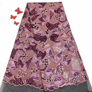 

High quality new style pink Sequin embroidery African lace fabric, 5 yards French Sequin lace fabric For Wedding Sewing FD1011