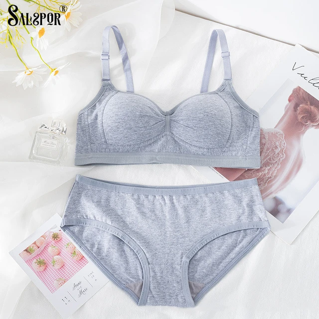 SALSPOR Women Underwear Set Cotton Girls Breathable Bra Push Up Wireless Lingerie  Set Seamless Back Closure