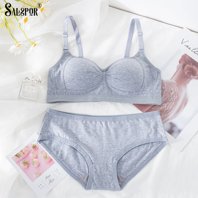 cotton bra and panty sets SALSPOR Women Underwear Set Cotton Girls Breathable Bra Push Up Wireless Lingerie Set Seamless Back Closure Bra Suit cheap bra and panty sets