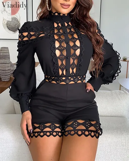  - Lace Patchwork Long Sleeve Hollow Out Playsuits White Black Women Regular Rompers